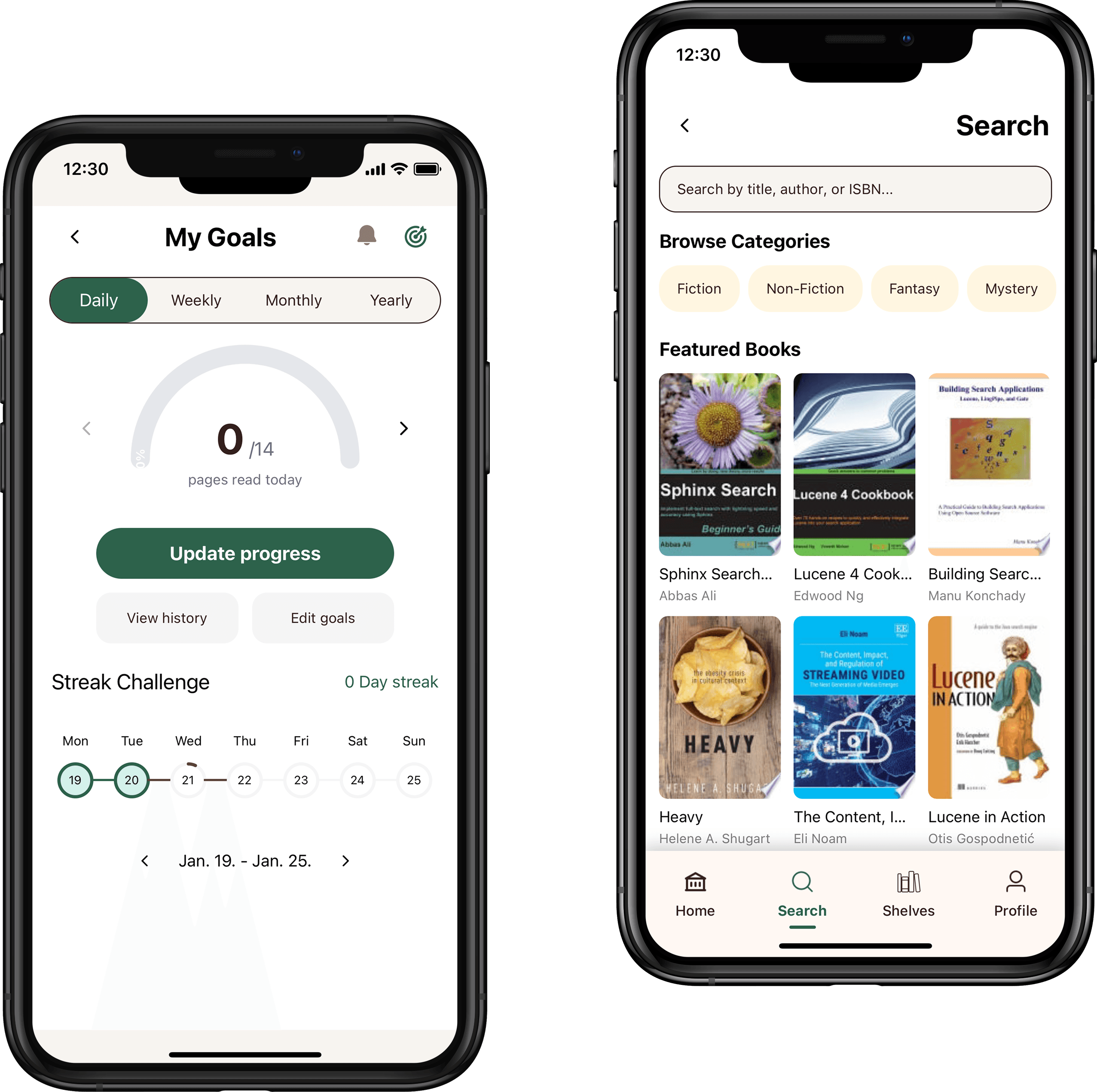 Bnooks app on two phones – My Goals and Search screens